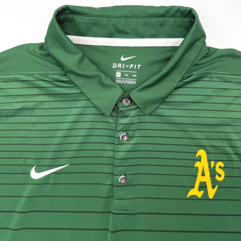 Nike Polo Shirt Mens 2XL Green Oakland Athletics MLB Dri-FIT 909554-341 Striped